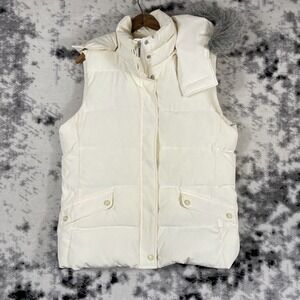 Talbots‎ Puffer Vest Womens Size Medium Ivory Zip Snap Hooded Faux Fur